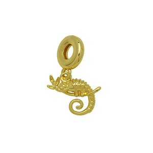 Detailed macro view of a gold chameleon charm with intricate scale textures and spiral tail