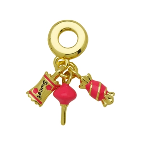 Ciondolo dorato con sacchetto di dolci, lecca-lecca rosa e charms di caramelle smaltate