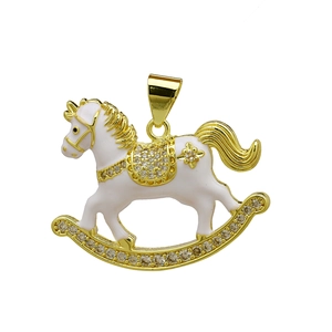 Detail showing a golden rocking horse pendant with white enamel and micro-set crystals
