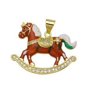 Detailed view of rocking horse pendant with red enamel and pavé-set gemstones