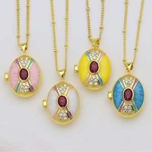 Vintage 18K gold plated oval locket necklaces with colorful enamel and zircon stones