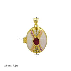 Vintage 18K gold plated oval locket pendant with white enamel and ruby gemstone inlay