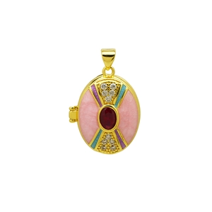 Macro shot of 18K gold plated locket with vintage enamel inlay and colorful zircons