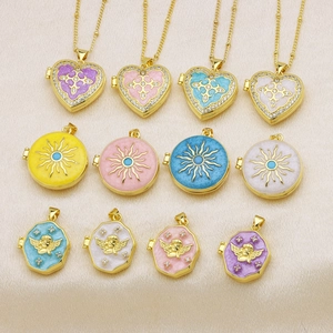 Vintage Copper Zirconia Heart Sun Angel Photo Locket Pendant Multicolor Enamel Inlaid Openable Memorial Pendant Only Jewelry