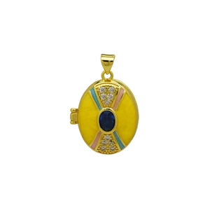 Macro detail of yellow enamel locket pendant with blue stone and 18K gold plating