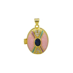 Detailed macro view of 18K gold-plated oval locket featuring blue stone and enamel inlay