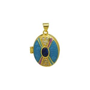 Detail of vintage blue enamel oval locket pendant with zircon inlay in 18K gold finish
