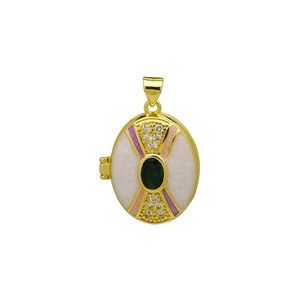 Detail of vintage 18K gold locket with green gemstone and colorful enamel accents