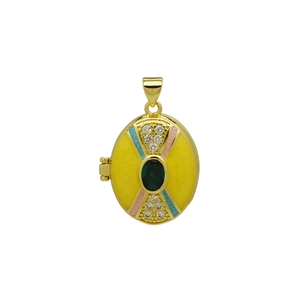 Detail of 18K gold locket featuring yellow enamel, green gemstone, and zircon accents