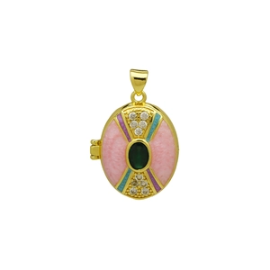 Detail of vintage 18K gold locket with pink enamel and green zircon stone inlay