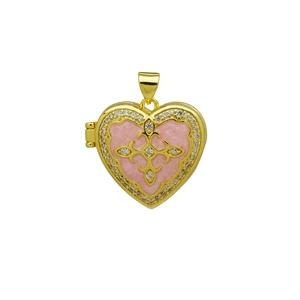 Detail of pink enamel heart locket pendant with gold cross and crystals