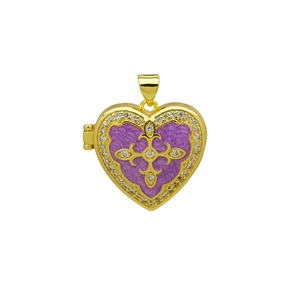 Detailed macro of gold heart locket pendant with purple enamel and zircon cross