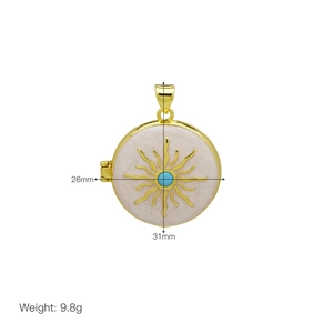 Gold round sunburst locket with blue gemstone showing 26mm width and 31mm height