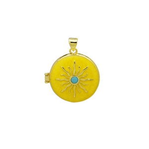 Detailed view of a golden sun locket pendant with yellow enamel and turquoise stone inlay