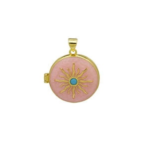 Detailed macro view of a gold-toned locket with pink sunburst design and blue center bead
