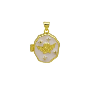 Detailed view of pink enamel locket pendant with golden Cupid relief and rhinestones