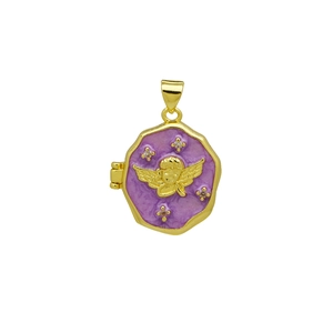 Detail of a golden heart locket with purple enamel and embossed angel holding stones