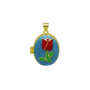 Colgante relicario ovalado de oro 18K con tulipán rojo esmaltado y fondo azul con textura