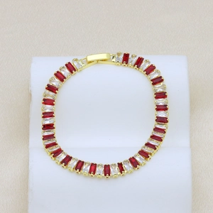 18K gold plated tennis bracelet with rectangular red and clear cubic zirconia stones
