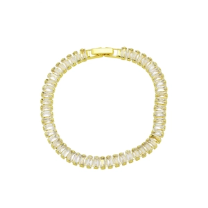Detail of 18K gold-plated tennis bracelet with rectangular clear zircon stones