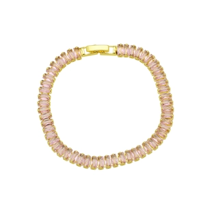 Close-up of 18K gold plated tennis bracelet with pink rectangular cubic zirconia stones