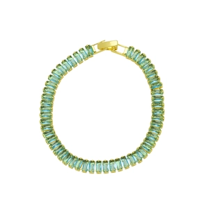 Detail of 18K gold plated bracelet featuring rectangular green and blue cubic zirconia stones