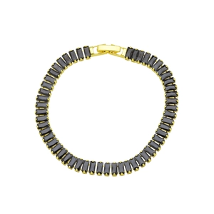 Detail of 18K gold plated bracelet featuring rectangular black zircon stones and folding clasp