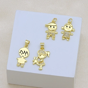18K gold plated zircon pendants featuring sweet boy and girl cartoon characters with micro inlay