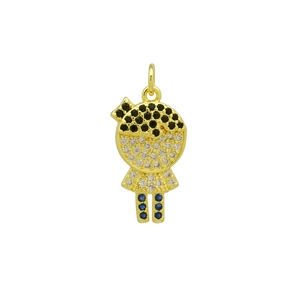 Detailed view of girl-shaped pendant with 18K gold plating and colorful zircons