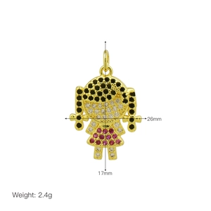Detailed 18K gold plated cartoon girl pendant with colorful zircon stones and 26mm width