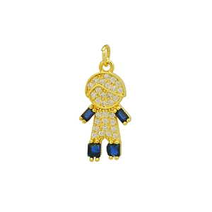Detailed macro view of 18K gold plated boy pendant with clear zircons and blue stones