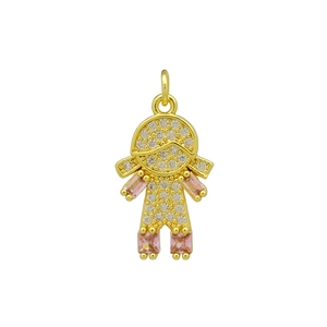 Detail of 18K gold-plated girl pendant with white and pink zircons on white background
