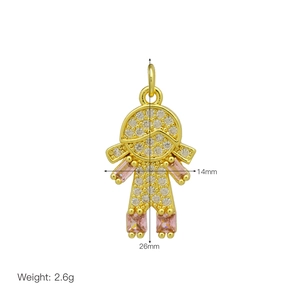 Detailed 26mm girl pendant charm with pink zircon stones in 18K gold-plated copper