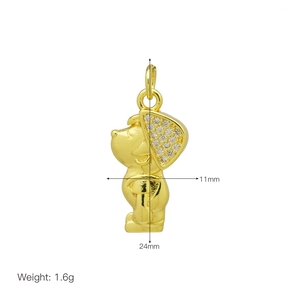 Detail showing dimensions 11x24mm and weight 1.6g of cartoon dog pendant in gold finish