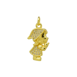 Close-up of golden cartoon girl pendant with white cubic zirconia and high polish finish