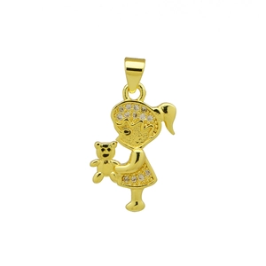Detail of 18K gold-plated brass girl pendant with sparkling white cubic zirconia