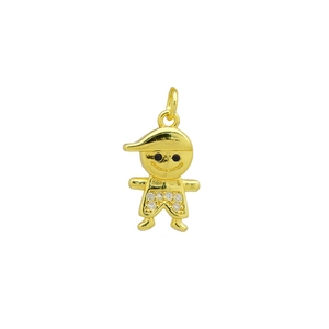 Close-up of gold-plated boy pendant with white cubic zirconia inlay on cap and pants