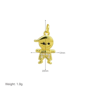 Detailed macro view of 18K gold-plated boy pendant with zircon crystals and dimensions