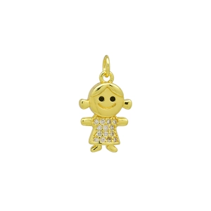 Detailed view of girl pendant in 18K gold plated copper with shiny cubic zirconia stones
