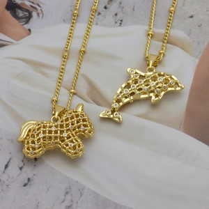 Lattice hollow 18K gold plated dolphin and unicorn necklaces with zircon stones