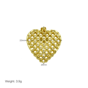 Macro view of 23x28mm mesh heart pendant with cubic zirconia in 18K gold plating