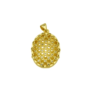 Macro detail of gold-plated oval pendant with hollow grid pattern and cubic zirconia