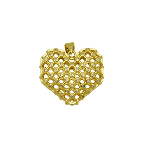 Detailed view of heart pendant with 18K gold-plated grid design and zircon accents
