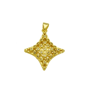 Macro view of gold plated hollow grid rhombus pendant with sparkling zircon inlays