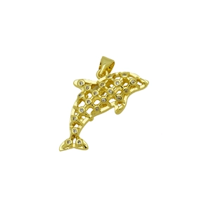 Macro detail of 18K gold-plated dolphin pendant with hollow mesh and zircon inlay