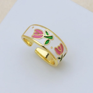 Anello regolabile placcato oro 18K con smalto bianco e motivi a tulipano rosa