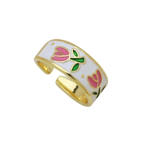 Anello regolabile placcato oro 18K con tulipani rosa su smalto bianco lucido