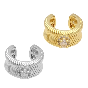 Ear cuff in ottone con zircone, design a coste stile croissant e pietre ovali lucide