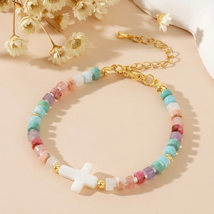 Handmade colorful semi-precious stone beaded bracelet with white shell cross pendant