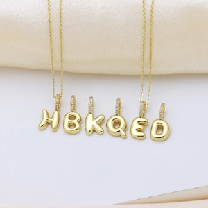 Gold balloon bubble 26 initial letter necklaces with micro-pave cubic zirconia clasp